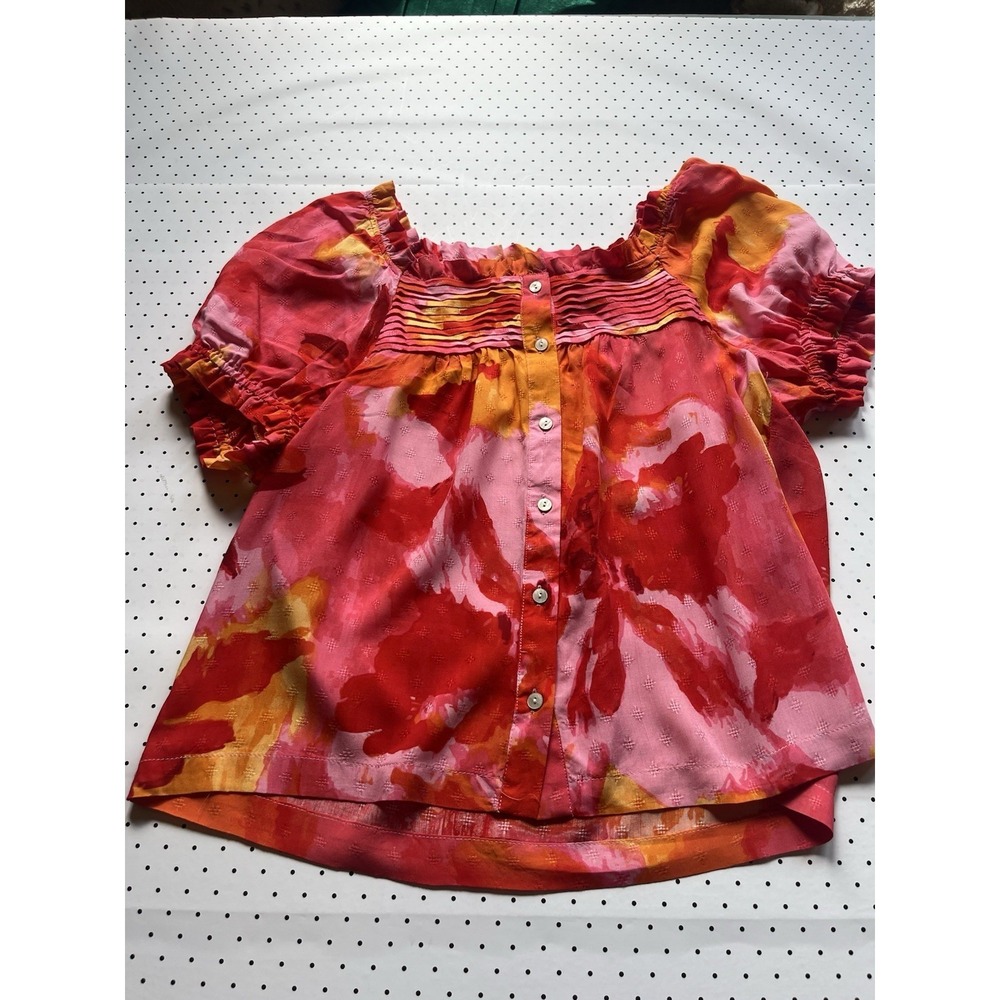 Pink Orange Floral Puff Sleeve Cottagecore Blouse Romantic Boho Pintuck Top